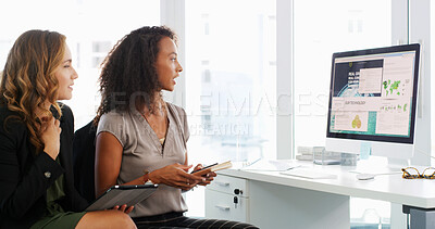 Buy stock photo Research, meeting and business women on computer for digital layout, collaboration and feedback. Creative agency, discussion and people on PC with graphs, statistics and map for strategy on website