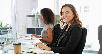 Buy stock photo Portrait, business and woman with smile in office for corporate career, consultant and accounting job. Happy, female person and pride with computer for finance management, investment and opportunity