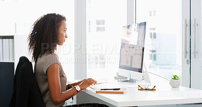 Buy stock photo Business, internet and woman in office, computer and research for climate change. Person, software developer and employee in workplace, pc and network for technology and progress for renewable energy
