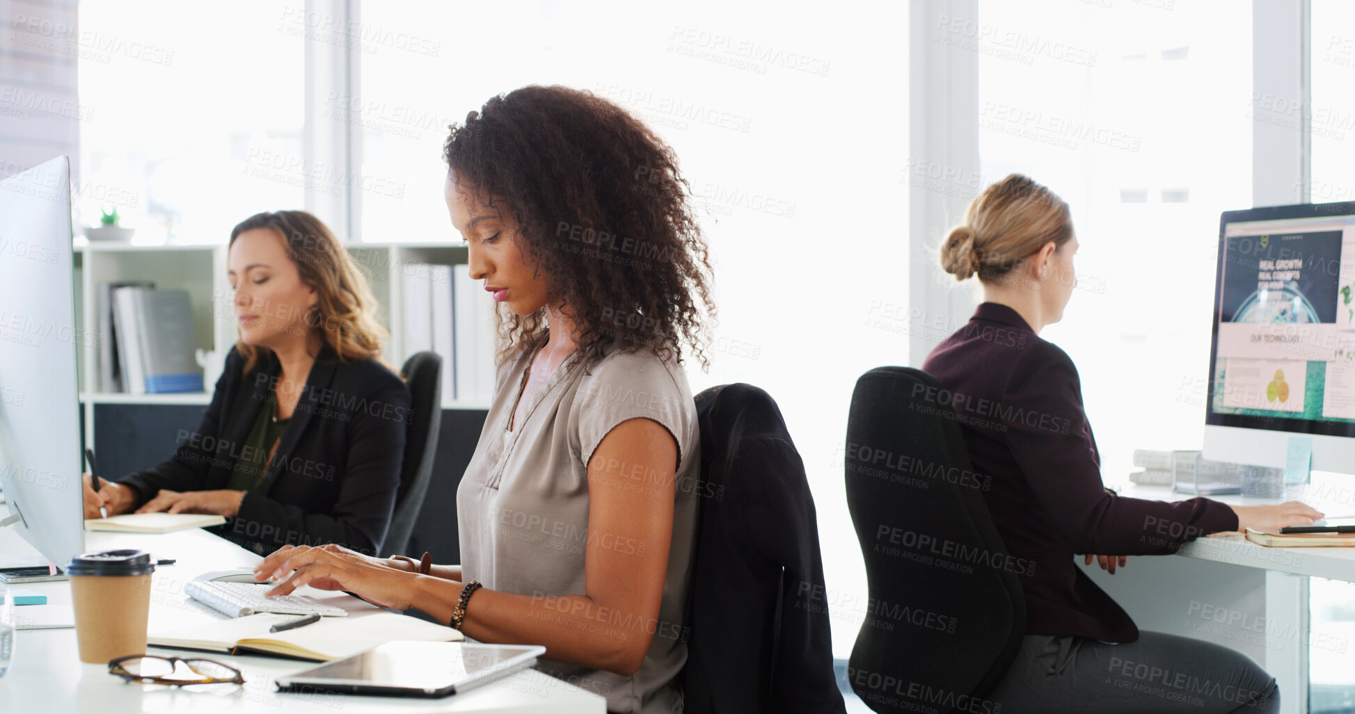 Buy stock photo Business people, typing and women in office, computer and research for climate change report. Website info, editor and employees in workplace, pc or email for technology or progress with internet