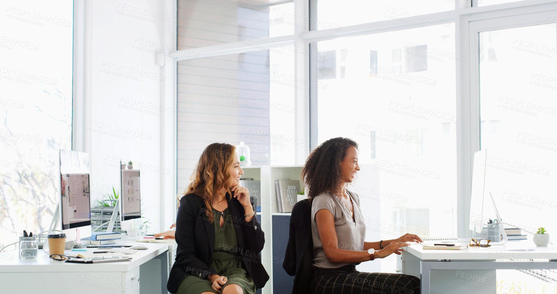 Buy stock photo Smile, business and people on computer in office for property search, listing web and real estate agents. Women, online and homepage research for information, coworking and viewing for development