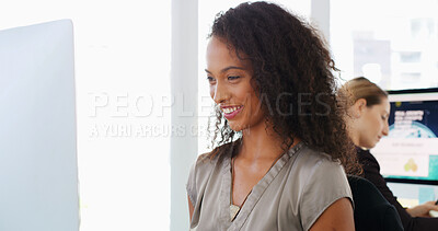 Buy stock photo Business, smile and woman in workplace, computer and research for web design. Happy person, software developer and employee in modern office, pc and network with connection and website information