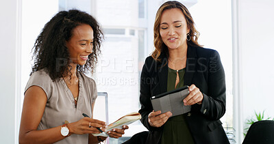 Buy stock photo Meeting, tablet and business women with notes in office for online project, research and feedback for proposal. Professional, corporate and workers on digital tech for website, strategy and planning