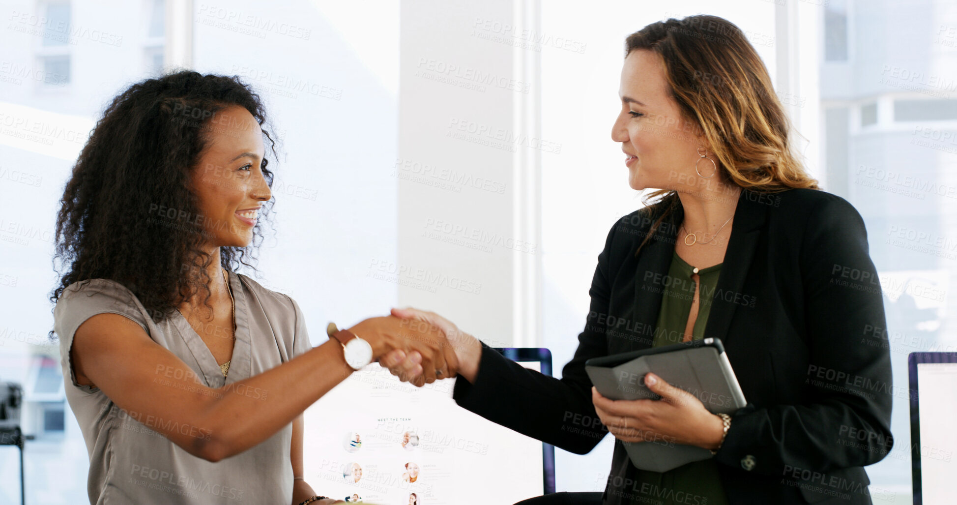 Buy stock photo Handshake, hiring and women with tablet, office and welcome for meeting with candidate, HR and smile. Greeting, recruiter and shaking hands with applicant for interview, happy and people with gesture