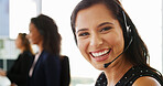 Woman, smile and headset at call center in portrait for legal advice, info and customer support. Person, consultant and happy with discussion, voip and microphone at help desk in office at law firm