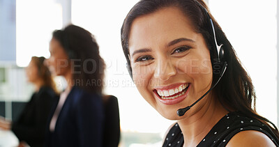 Buy stock photo Woman, smile and headset at call center in portrait for legal advice, info and customer support. Person, consultant and happy with discussion, voip and microphone at help desk in office at law firm