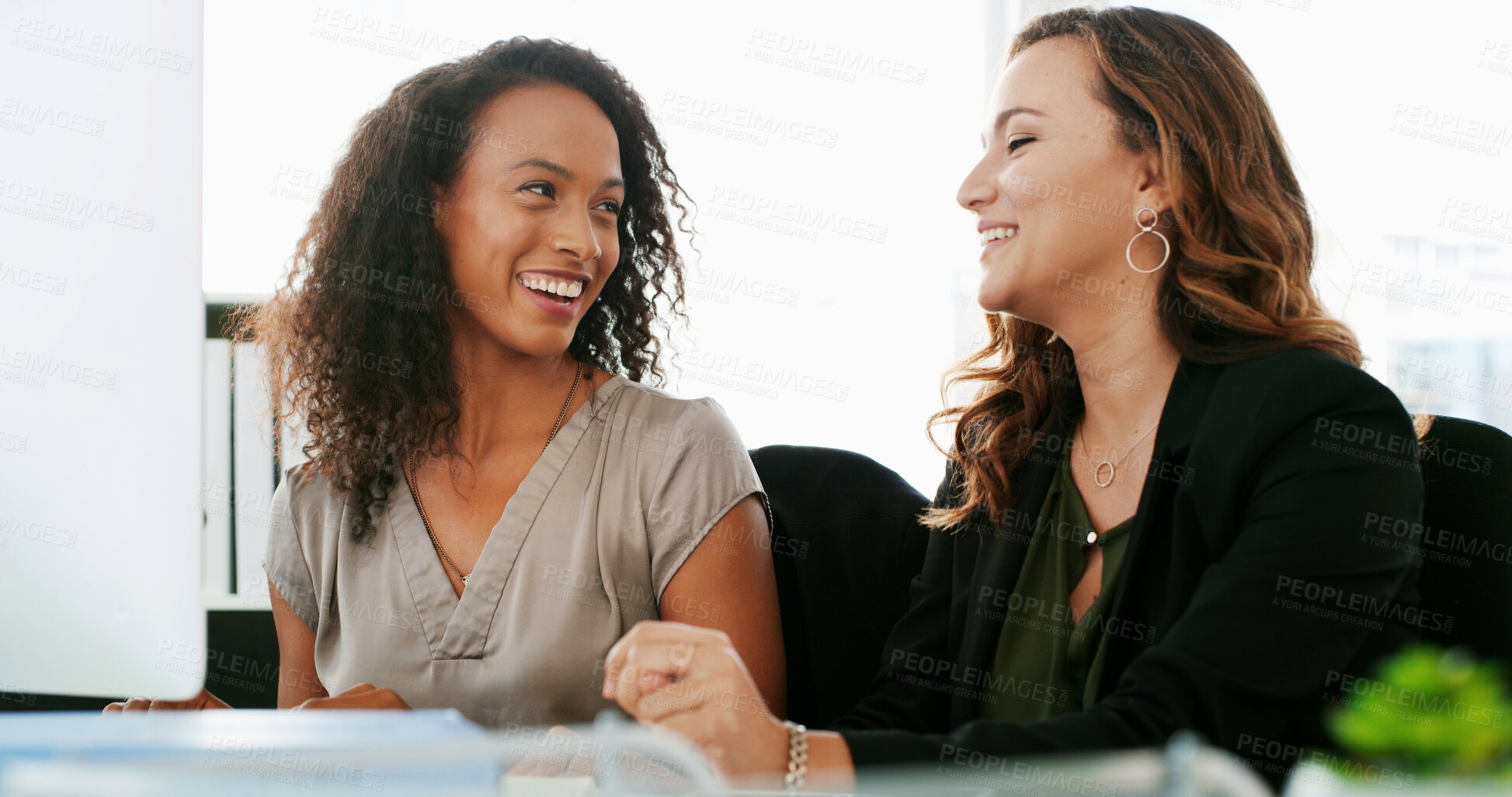 Buy stock photo Laugh, discussion and business women on computer for planning, collaboration and feedback for project. Professional, corporate and people in meeting on pc for research, online proposal and website