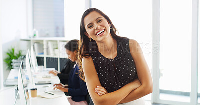 Buy stock photo Happy woman, face and agent with confidence for small business, agency or company support at office. Portrait, female person or consultant with smile or arms crossed for career or job opportunity