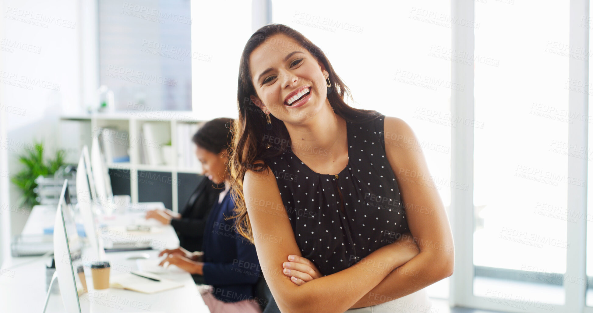 Buy stock photo Happy woman, face and agent with confidence for small business, agency or company support at office. Portrait, female person or consultant with smile or arms crossed for career or job opportunity