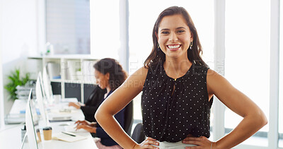 Buy stock photo Business, office and portrait of happy woman with confidence, ambition and company pride. Creative consultant, professional worker and person smile for career, job and opportunity in workplace