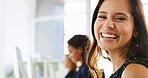 Waiting, happy and portrait of businesswoman in office in row for job interview with confidence for review. Smile, queue and female candidate in lobby for recruitment, hiring or talent acquisition.