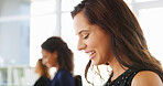Waiting, happy and businesswoman in office in row for job interview with confidence for review. Smile, profile and female candidate in lobby for recruitment, hiring or talent acquisition process.