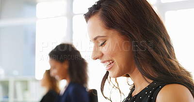 Buy stock photo Waiting, happy and businesswoman in office in row for job interview with confidence for review. Smile, profile and female candidate in lobby for recruitment, hiring or talent acquisition process.