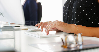 Buy stock photo Person, hands and typing with keyboard for research, email or communication at office desk. Closeup, journalist or reporter writing with computer for news article, publish or network at workplace