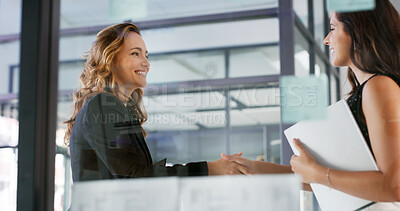 Buy stock photo Handshake, greeting and women with smile, office and welcome for job interview with candidate or hello. Hiring, recruiter and shaking hands with applicant for opportunity, people or happy for gesture