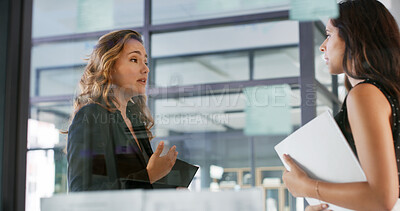 Buy stock photo Business people, conversation and women in office, planning and feedback for financial report. Employees, coworking and mentor in workplace, cooperation and meeting for project development and advice