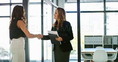 Buy stock photo Handshake, hr and people with smile, office or welcome for meeting with candidate, hiring or corporate. Greeting, recruiter and shaking hands with applicant for interview, happy or women with gesture