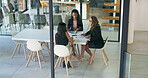 Business, women and meeting with documents in office for planning, financial report and budget feedback. People, paperwork and brainstorming with profit update, company progress and investment advice
