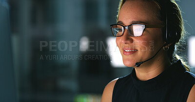 Buy stock photo Headset, night and woman in office with consultation for troubleshooting with online software service. Space, IT and female technical support consultant at contact center for network configuration.