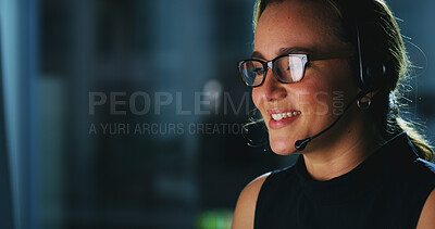 Buy stock photo Headset, night and woman in office with helping for troubleshooting with software online for call. Space, IT and technical support consultant at contact center for network advice with communication.