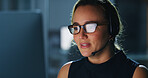 Headset, night and woman in office with communication for troubleshooting with software crisis online. Space, IT and female technical support consultant at contact center for network configuration.