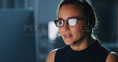 Buy stock photo Headset, night and woman in office with communication for troubleshooting with software advisory. Space, IT and female technical support consultant at contact center for network consulting online.