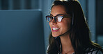 Headset, night and woman in office with contact for troubleshooting with software crisis online. Glasses, IT and female technical support consultant with communication for network configuration.