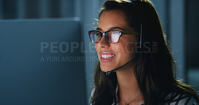 Buy stock photo Headset, night and woman in office with contact for troubleshooting with software online on computer. Glasses, IT and female technical support consultant with communication for network on laptop.
