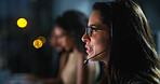 Woman, night and headset at call center with telemarketing, talking and info with contact us. Person, consultant and discussion with voip, mic and problem solving at help desk in dark workplace