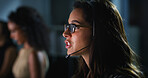 Woman, night and microphone at call center with talking, services and info with contact. Person, consultant and discussion with voip connection, headset or problem solving at help desk in dark office