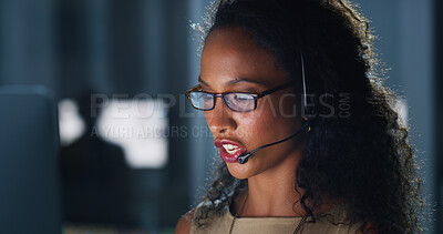 Buy stock photo Woman, mic and headset in call center at night, legal advice and info with customer support. Person, consultant and contact us with discussion, voip and review by pc, job and help desk at law firm