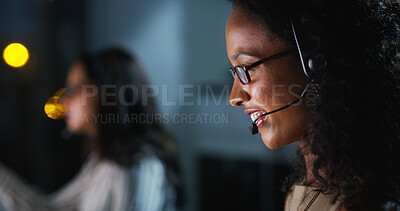 Buy stock photo Woman, happy and headset in call center at night, legal advice and info with customer support. Person, consultant and smile with discussion, voip and mic by computer, job and help desk at law firm
