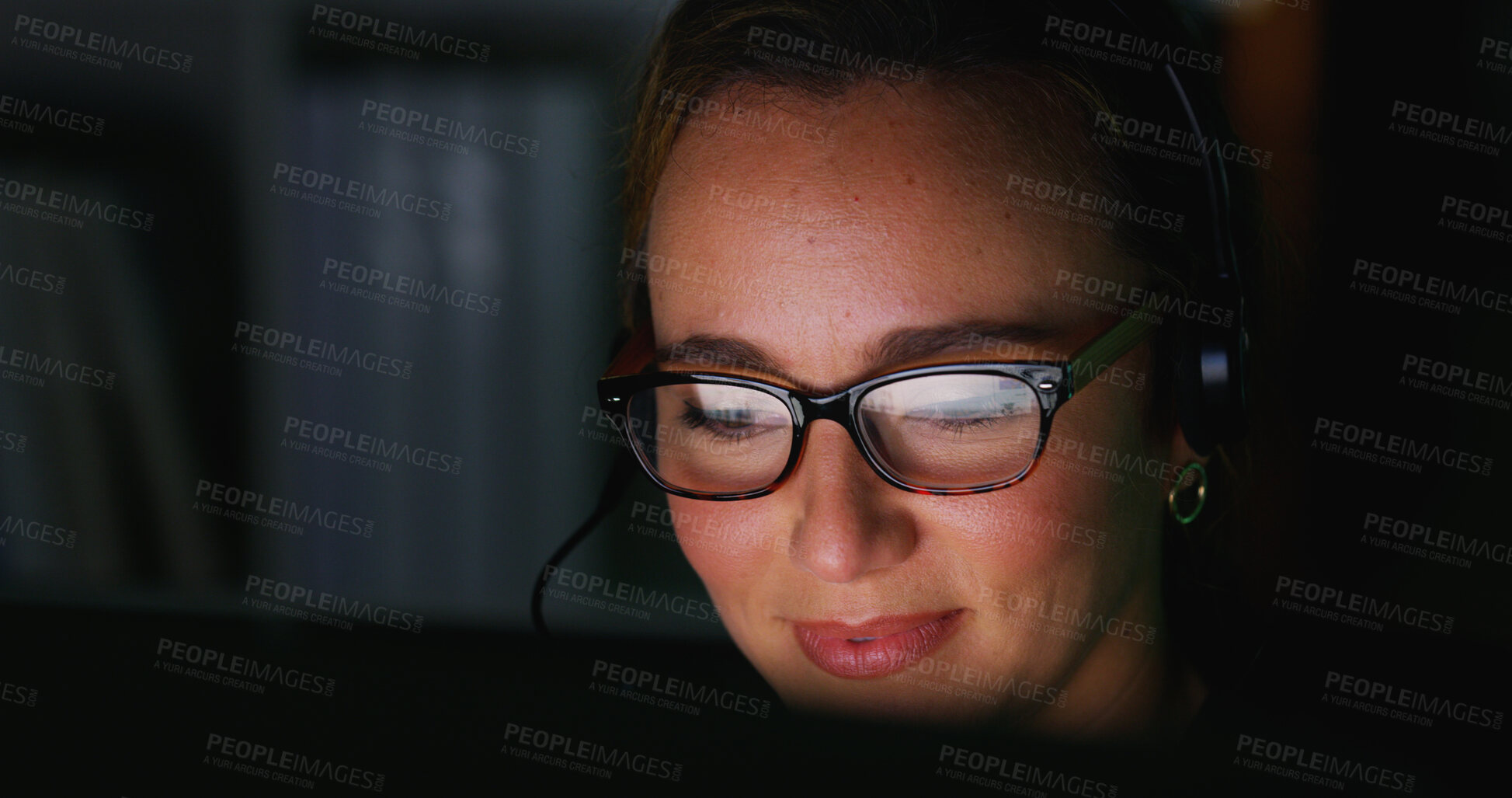 Buy stock photo Glasses, customer support and woman on computer at night for talking, online help and consulting. Corporate, reading and person with headset for virtual assistance, communication and b2c contact