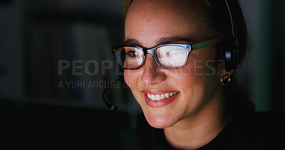 Buy stock photo Glasses, customer support and woman at night in office for reading, online help and consulting. Corporate, business and happy person in headset for virtual assistance, communication and contact space