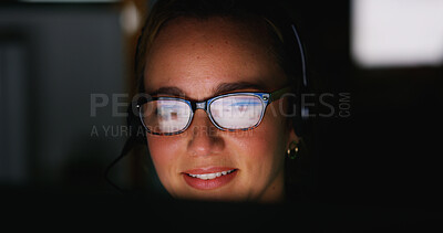 Buy stock photo Glasses, headset and woman at night on computer for reading, online help and consulting. Corporate worker, business and person with pc for virtual assistance, communication and b2c contact in dark
