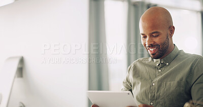 Buy stock photo Remote work, computer and man with tablet for networking, research and planning with news source. Freelancer, male journalist and smile with technology for article questions, information and home