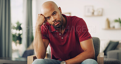 Buy stock photo Annoyed, bored and portrait with man on sofa in living room of home for fail or mistake. Body language, frustration and moody with unhappy person in apartment for attitude, sleepless or sadness