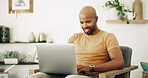 Remote work, laptop and man with smile for networking, research and planning with news source. Freelancer, male journalist and website with technology for article questions, information and home
