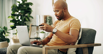 Buy stock photo Home, black man and laptop with credit card for ecommerce, password information and payment. Sofa, male person and digital with debit for online shopping, transaction and subscription for application