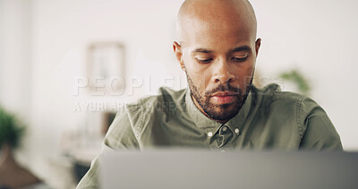 Buy stock photo Remote work, laptop and man with typing for networking, research and planning with news source. Freelancer, male journalist and website with technology for article questions, information and home
