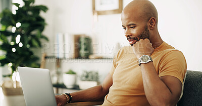 Buy stock photo Remote work, laptop and man with thinking for networking, research and planning with news source. Freelancer, male journalist and website with technology for article questions, information and home