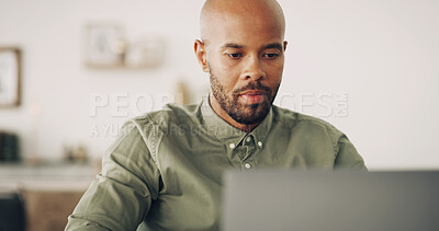 Buy stock photo Black man, remote work and laptop at home for startup planning, research or communication with email. Male entrepreneur, technology and internet for freelancing with online connection in house