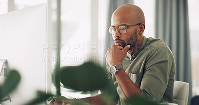 Buy stock photo Thinking, business and black man on computer at house for planning, problem solving and administration. Male person, thoughts and online with ideas for proposal update, report feedback and solution