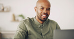 Black man, work from home and smile in portrait for entrepreneur planning, research or online story. Male person, technology and happy on internet for freelance journalist gig with connection
