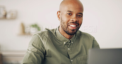 Buy stock photo Black man, work from home and smile in portrait for entrepreneur planning, research or online story. Male person, technology and happy on internet for freelance journalist gig with connection