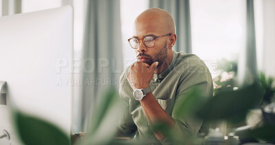 Buy stock photo Thinking, black man and reading on computer at house for planning, problem solving and journalism. Male person, thoughts and online search with ideas of proposal report, article feedback and solution