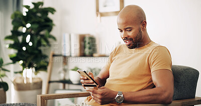 Buy stock photo Home, black man and phone with credit card for ecommerce, password information and payment. Sofa, male person and mobile with debit for online shopping, transaction and subscription for application