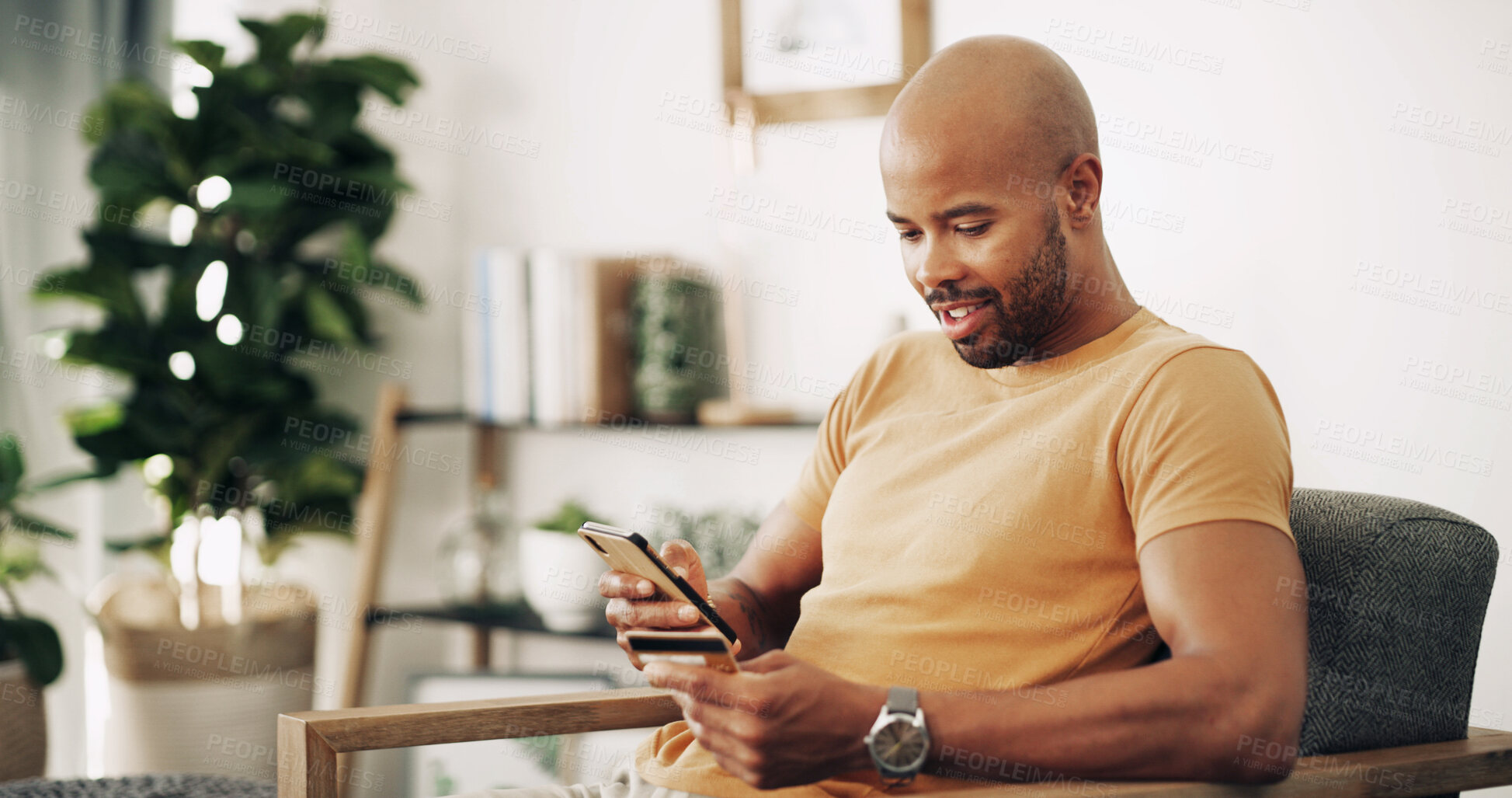Buy stock photo Home, black man and phone with credit card for ecommerce, password information and payment. Sofa, male person and mobile with debit for online shopping, transaction and subscription for application