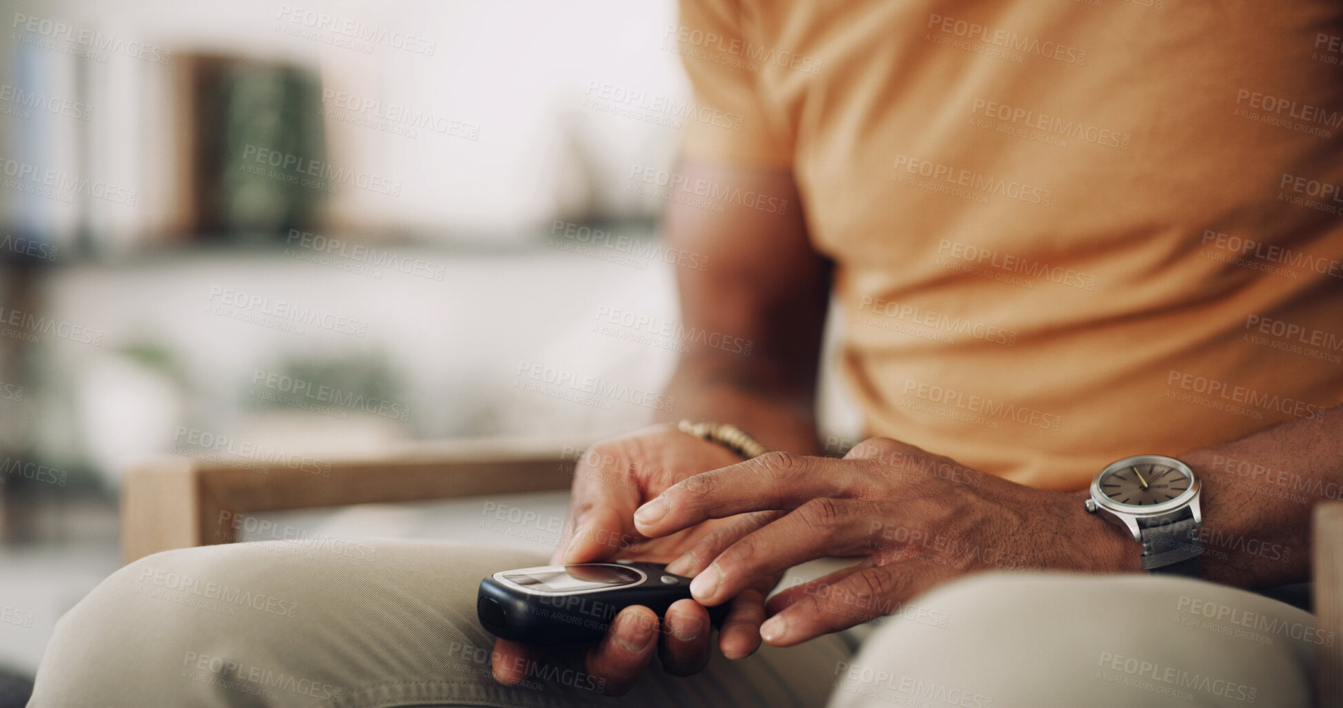 Buy stock photo Home, hands and man with diabetes monitor, testing for glucose levels and healthcare. Closeup, hypertension and person in living room, medical and sugar with equipment, sick and chronic disease