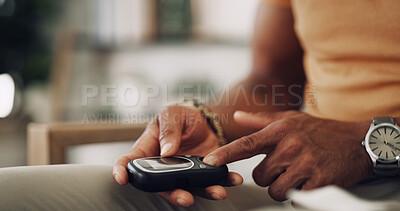 Buy stock photo Home, hands and man with diabetes machine, testing for glucose levels and healthcare. Closeup, apartment and person in living room, medical and sugar with insulin, monitor and chronic disease